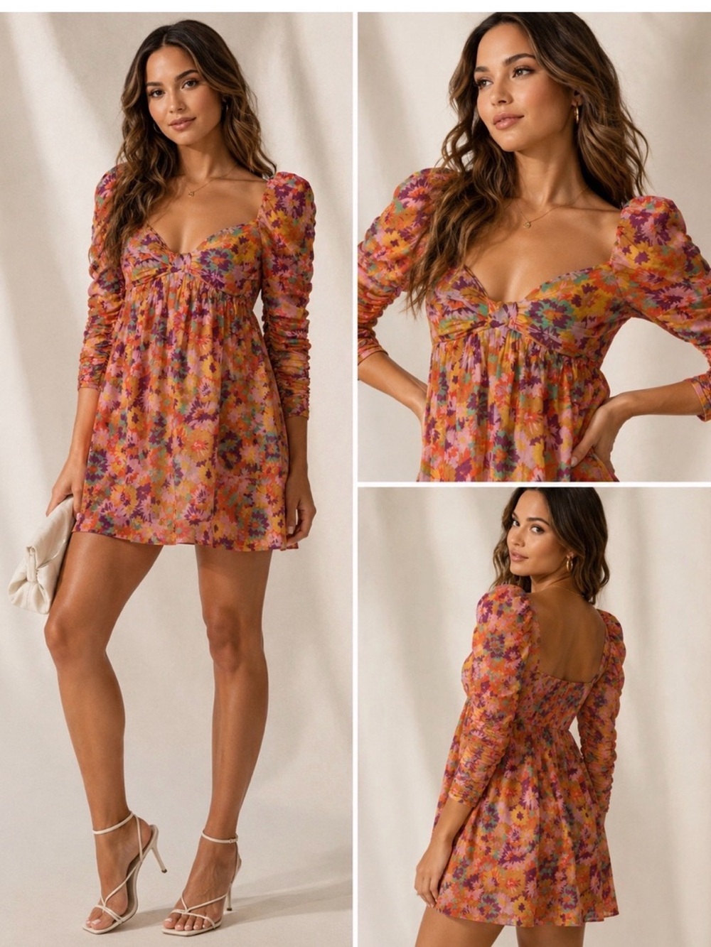 Zimmermann Orange Pink Floral Ruffle-Sleeve Mini Dress